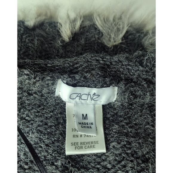 Cache Wool Blend Open Front Cardigan Sweater M Peplum Faux Fur Trim Gray - Picture 5 of 6